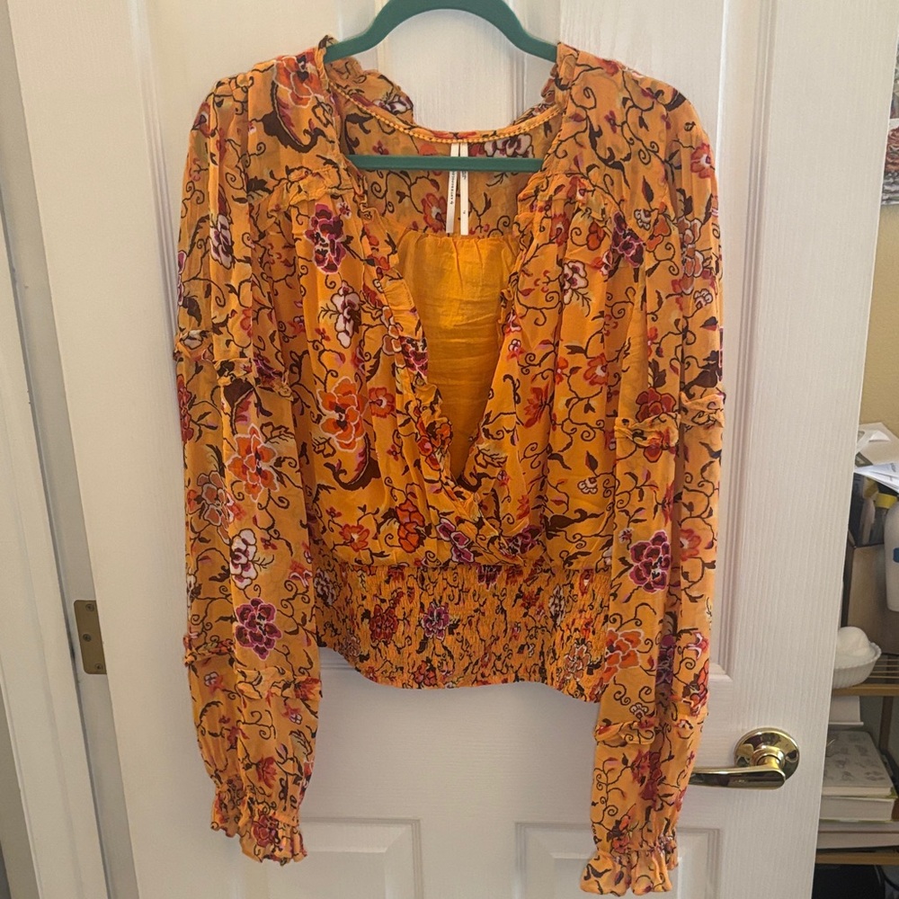 ANTHROPOLGIE | Floral, smocked long sleeve‎ top, Size XL